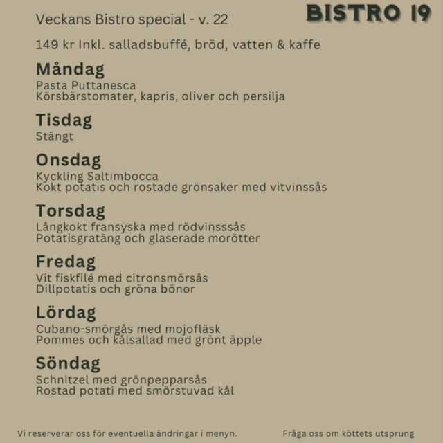 Veckans Bistro SpecialBesök oss och njut av en härlig lunch!